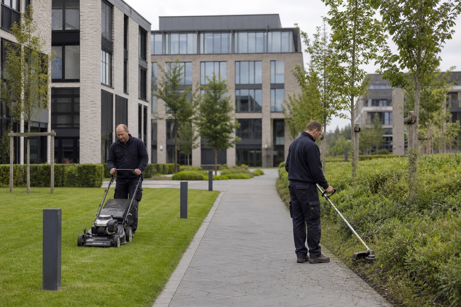 Zwei Fachkräfte bei der Pflege einer größeren professionellen Außenanlage