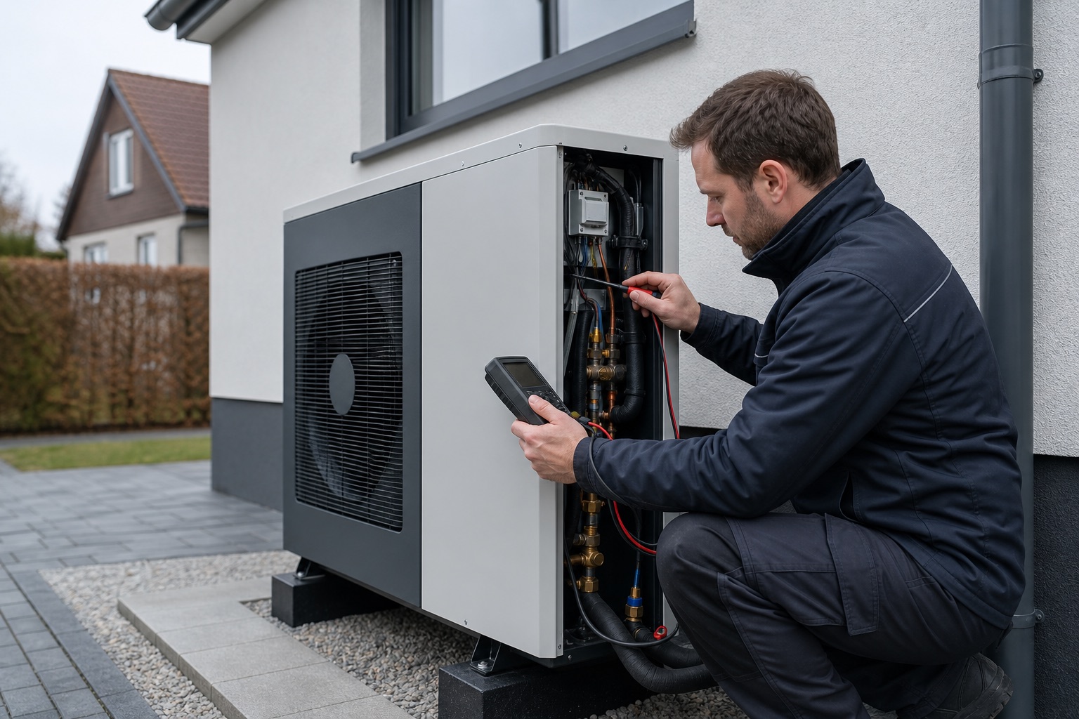 Techniker bei der technischen Prüfung einer Wärmepumpe