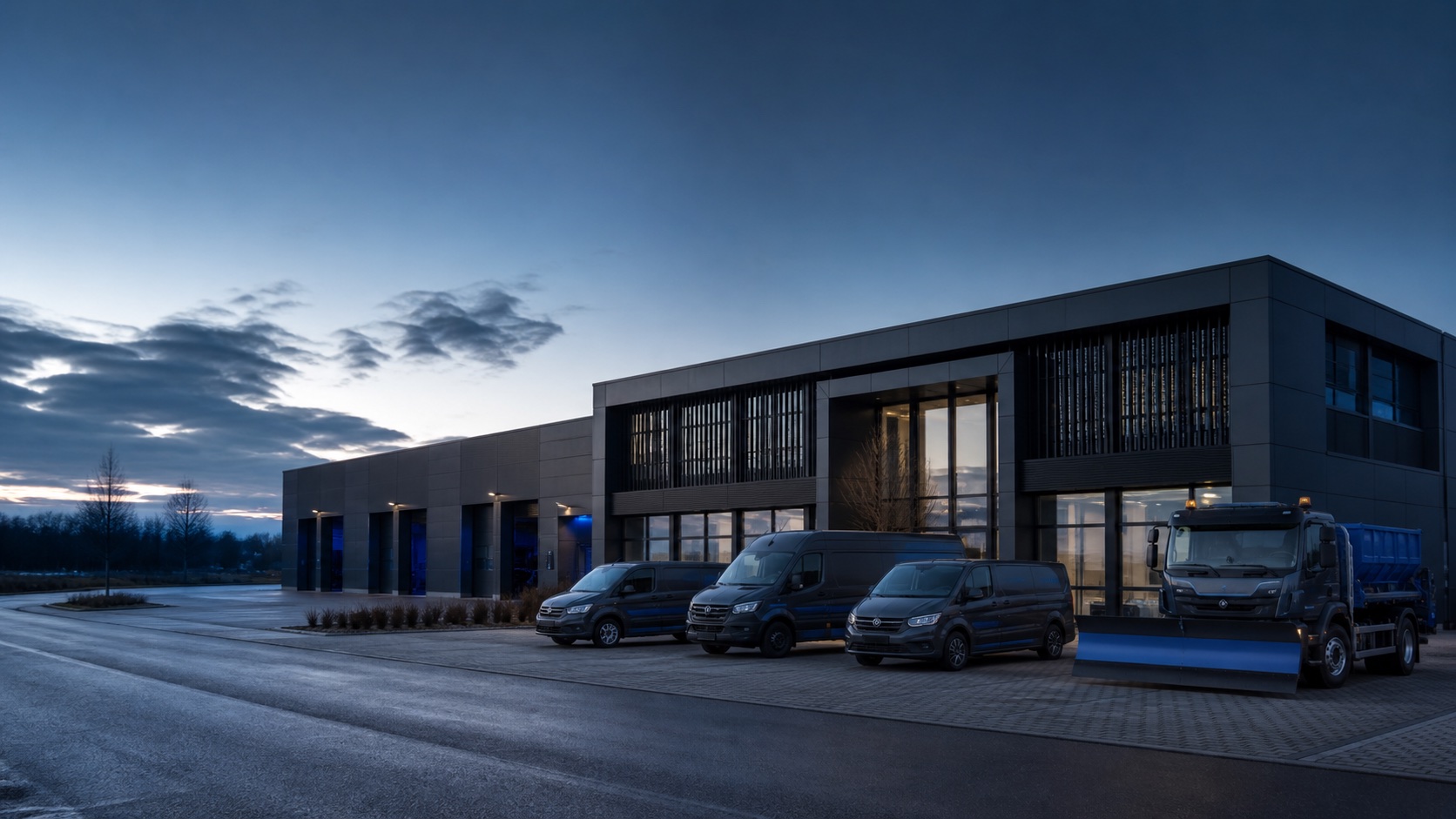 Moderner technischer Unternehmensstandort mit Fuhrpark