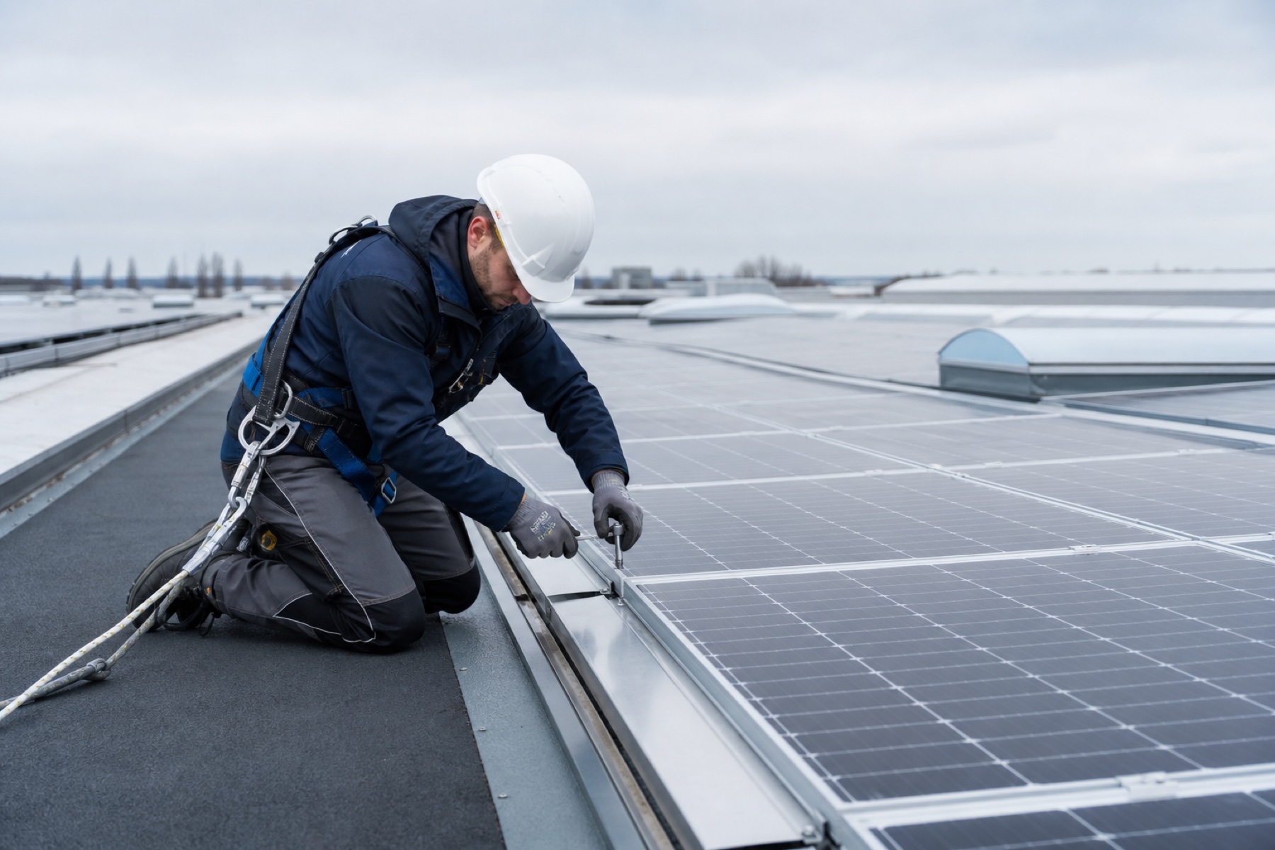Techniker bei Arbeiten an einer gewerblichen Photovoltaikanlage