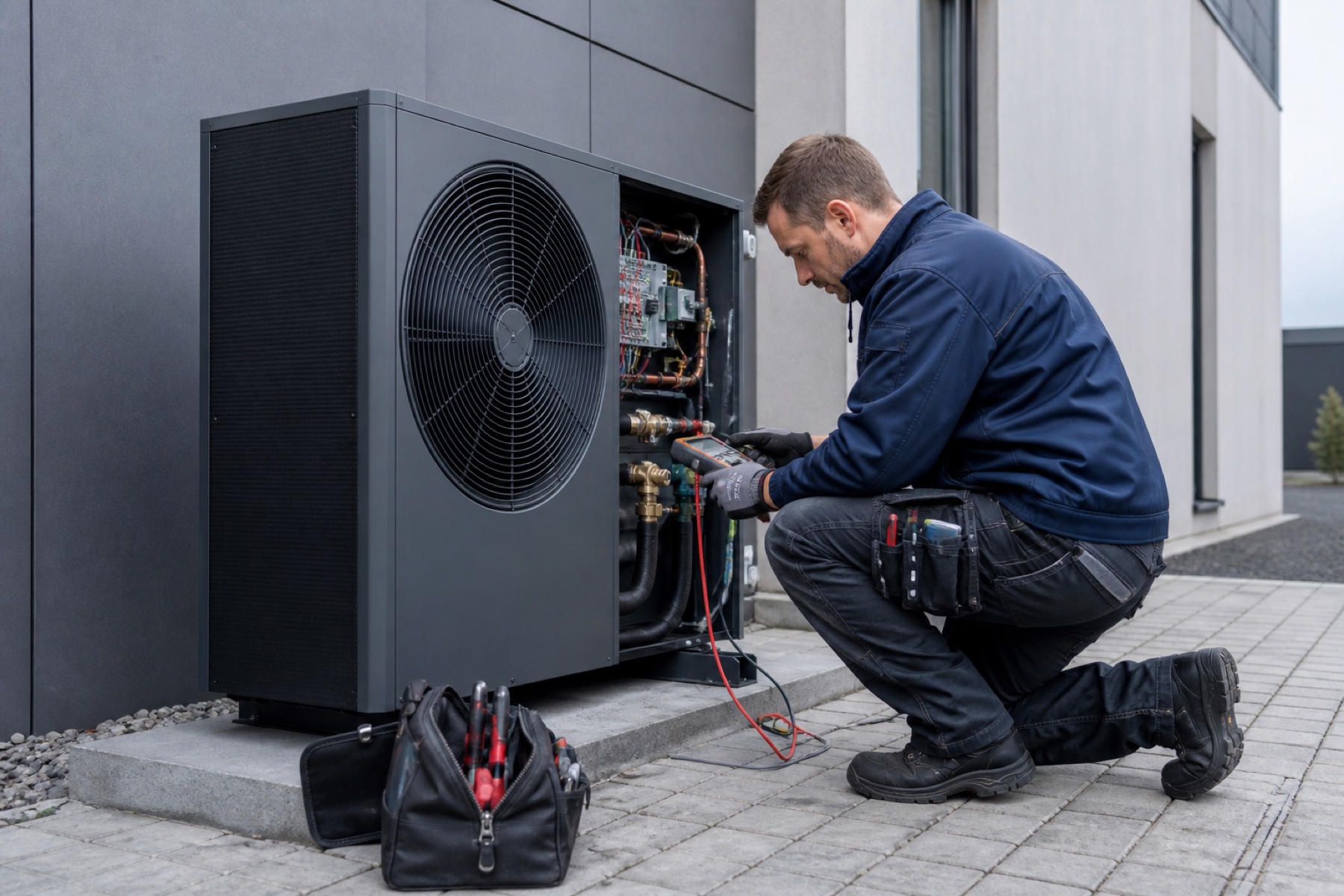Techniker bei der Inbetriebnahme einer modernen Wärmepumpe